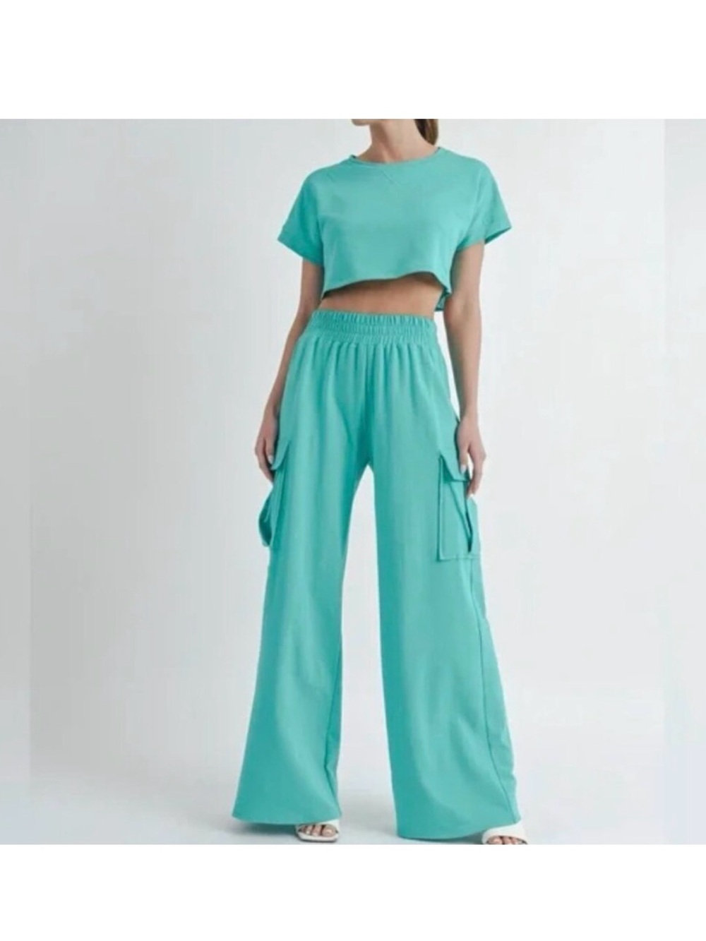 Wide-Leg Cargo Pant & Top Set in Aqua Teal NWOT